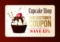 Cupcake shop coupons, homemade desserts, sweets. cupcake with white icing and cherry berry. Royalty Free Stock Photo